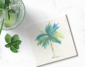 Tropical Palm Tree Tiki Bar Stone Coaster in Shades of Blue, Turquoise and Green