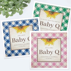 Baby Shower BBQ Napkins, Rustic Gingham and Sunflower Design, Vintage Style Sold in Quantities of 50, Blue, Green or Pink