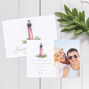 Photo Save The Date Card with Envelope Printed Tropical Watercolor Florida Wedding with Coastal Jupiter Lighthouse