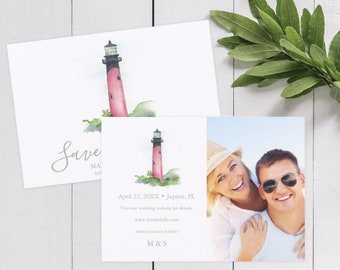 Photo Save The Date Card with Envelope Printed Tropical Watercolor Florida Wedding with Coastal Jupiter Lighthouse