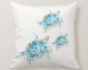 Watercolor Sea Turtle Throw Pillow in Shades of Greens, Blues and Turquoise on a cream white background Square Marine Life Beach House Decor