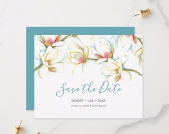 Save The Date Card with Envelope Printed Watercolor White Magnolia Flower Wedding 5x7