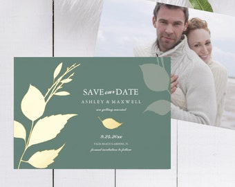 Save The Date 10 Cards per pack Sage Green Fall Leaves with Real Gold Foil and Envelope 5x7