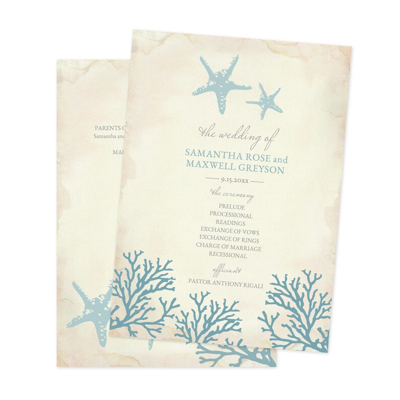 Print Your Own 5x7 Printable Order of Service Starfish and Coral Instant Download Templett Wedding Beach DIY Editable Wedding Program