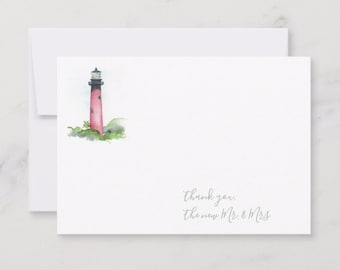 Jupiter Lighthouse - 10 Blank Flat Cards Designed With My Original Watercolor Coastal Artwork on Super Thick Cardstock, Back is Green