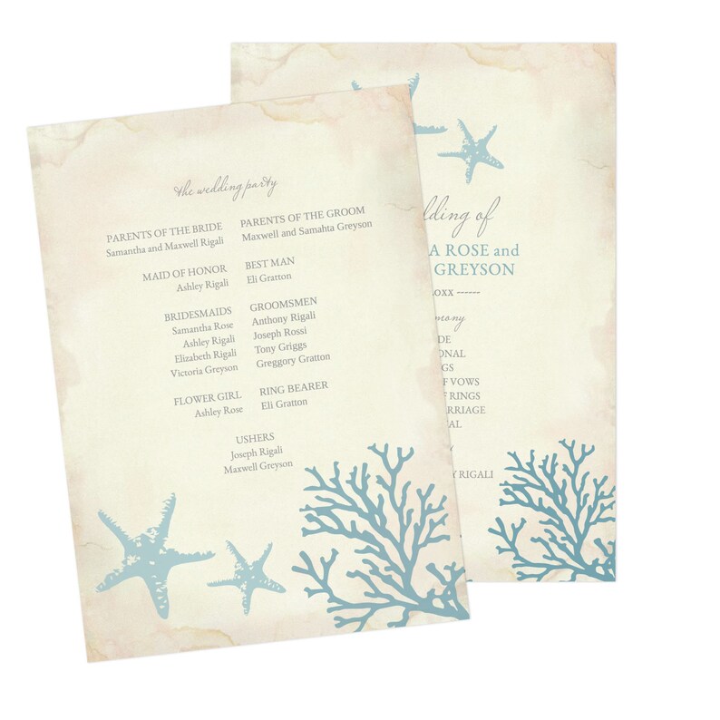 Print Your Own 5x7 Printable Order of Service Starfish and Coral Instant Download Templett Wedding Beach DIY Editable Wedding Program