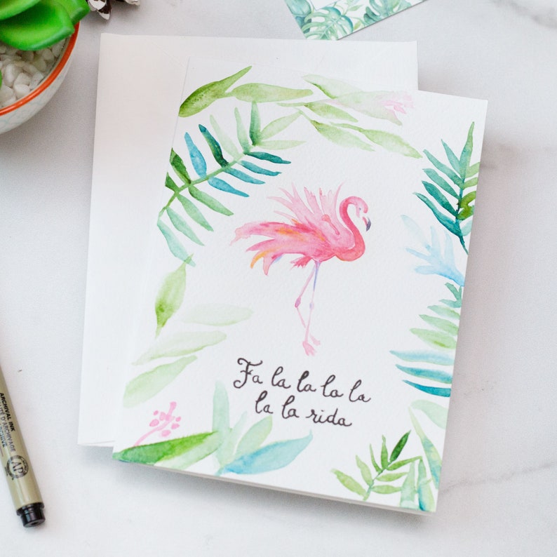 Custom Hand Lettered Calligraphy Cards with a White Envelope Hand Painted Watercolor CHRISTMAS CARDS Tropical Flamingo and Greenery