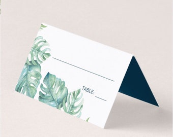 Printed PLACE CARDS, Watercolor Tropical Greenery Leaves, Beach Wedding Reception Table Decor Blank Escort Foldable Tent Cards