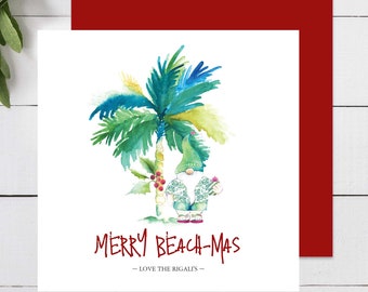 Tropical Beach Christmas Card Unique Watercolor Palm Tree and Santa