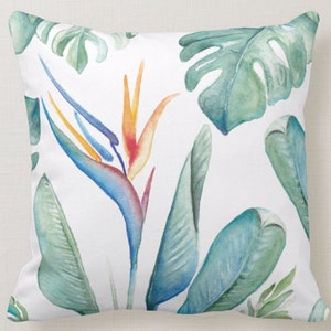 Watercolor Tropical Bird of Paradise, Monstera Leaves, Banana Leaves Throw Pillow in Shades of Blues and Greens, Square Beach House Decor