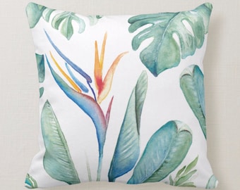 Watercolor Tropical Bird of Paradise, Monstera Leaves, Banana Leaves Throw Pillow in Shades of Blues and Greens, Square Beach House Decor