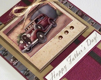 Handmade Fathers Day Card - Features a 3-D Antique Car Coming Out of Brick Bridge