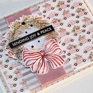 Handmade Christmas Card: Pink VW, Glittered Wreath, Striped Bow