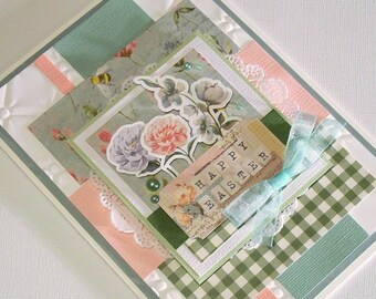 Handmade Easter Card - Features Spring Flower Die-Cuts, HAPPY EASTER Letter Tiles, Large Paper Doily and Organza Bow