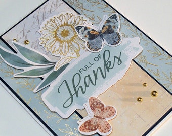 Handmade Thank You Card - Features Ornate Full of Thanks Phrase Label, Gold Foiled Daisy and Butterflies