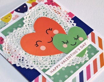 Handmade Valentines Day Card - Features Colorful Papers, Die-Cut Smiling Hearts, Heart Shaped Paper Doily