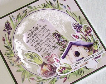 Handmade Mothers Day Card - Features Hand Stamped Mother Poem, Florals, Flower Bulbs, Bird House Die-Cuts and Paper Doily