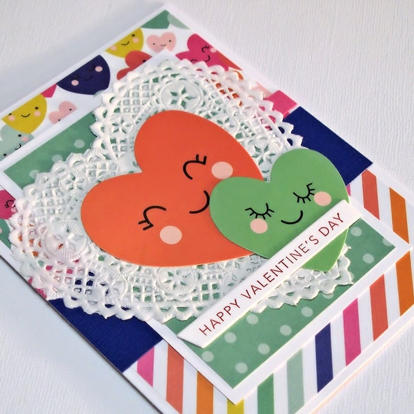 Handmade Valentines Day Card - Features Colorful Papers, Die-Cut Smiling Hearts, Heart Shaped Paper Doily