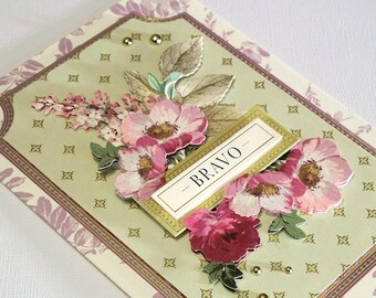 Handmade Shaped BRAVO Card Perfect for Graduation or New Job,  Gold Foiled Card Base, Pretty Flourish, Flowers and Gold Pearls