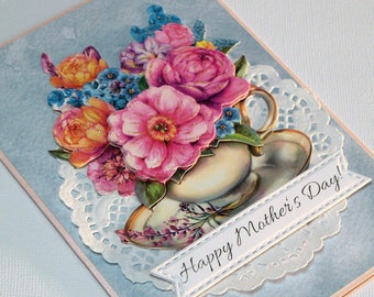 Handmade Mothers Day Card - Features 3D Teacup with Peonies Bouquet Glitter Accents - Paper Doily and Stitched Banner Phrase