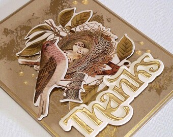 Handmade Thank You Card - Features Gilded Gold Cardstock, Bird on a Branch, a Large Nest with Leaves, Die-Cut Gold Thanks Word with Shadow