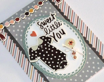 Handmade Baby Girl Congratulations Card - BoHo Theme Features a Polka Dot Onesie, a Rattle with a Bow - Sweet Little You Phrase