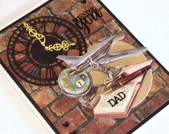 Handmade Vintage Themed Card for Dads Birthday or Fathers Day Features 3D Collage Airplane, Globe, Stack of Books and Large Die-Cut Clock