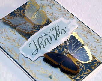 Handmade Thank You Card - Features Die-Cut 3D Acetate Butterflies, Gold Foiled Background Paper and Faceted Gemstones with Gold Flecks