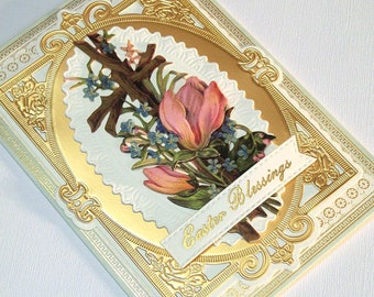 Handmade Cross Easter Card - Features Rustic Wooden Cross Entwined, 3-D Tulips and Spring Flowers - Gold Embossed Easter Blessings Phrase