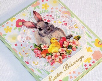 Handmade Easter Blessings Card - Features 3-D Glitter Encrusted Baby Chick Nestled in Spring Flowers with a Sweet Bunny