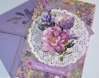 Handmade Mothers Day Card - Features 3D Peonies Bouquet Glitter Accents - Paper Doily, Banner Phrase with Coordinating Envelope