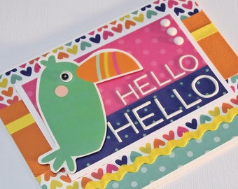 Handmade Birthday Card - Features Colorful Papers, a Large Toucan with Google Eyes, Rick-Rack Ribbon and HELLO Puffy Stickers Words