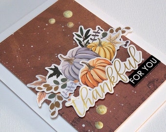Handmade Thankful for You Card - Features Die-cut Pumpkins, Fall Foliage and Splattered Background Paper, Faceted Gemstones with Gold Flecks