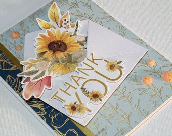 Handmade Thank You Card - Features Small Die-Cut Envelope with Sunflowers and Fall Leaves Arrangement Enclosed - Gold Foil Leaves Paper