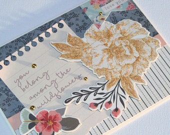 Handmade Birthday Card - Features Handwritten Sentiment on Notebook Paper, Large Glittered Floral Spray, Love You Banner