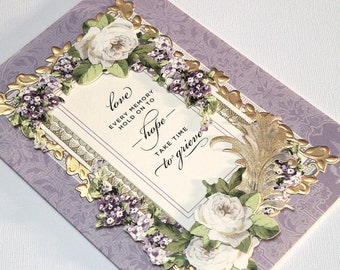 Handmade Floral Sympathy Card Features White Roses with Purple Flowers Sprays, Gold Foiled Accents - Love Every Memory Hold on to Hope