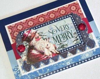 Merry Christmas Handmade Card Features a Large Label with Vintage St Nicholas Holding a White Rabbit