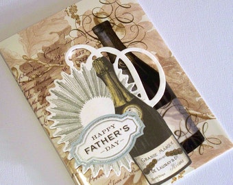 Handmade Fathers Day Greeting Card Acetate Overlay with Wine or Champagne, Sunburst and Phrase Collage