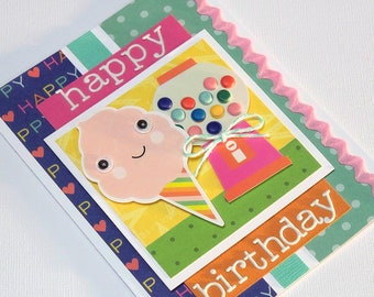 Cute Handmade Birthday Card - Features Colorful Papers, an Ice Cream Cone with Google Eyes and Gumball Machine with Colored Puffy Stickers