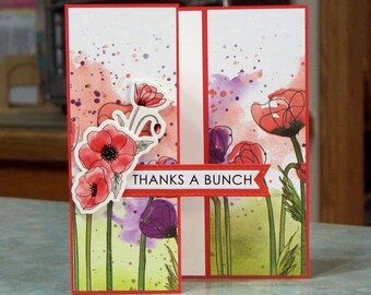 Handmade Thanks a Bunch Card - Z-Fold Features Poppies Paper and Die Cut Chipboard Poppy - Hand Stamped Phrase Stitched Banner