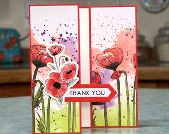 Handmade Thank You Card - Z-Fold Features Poppies Paper and Poppy Chipboard - Hand Stamped Phrase Banner