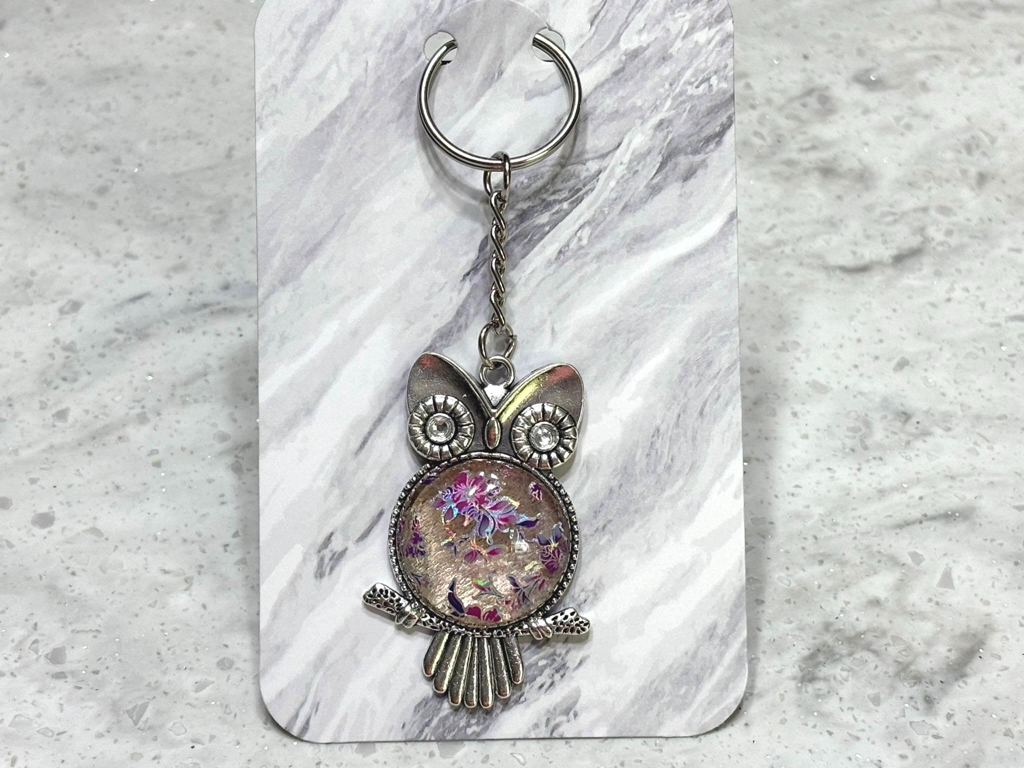Handmade Owl Keychain Key Ring | Metal Bezel with Glass Cabochon | Chunky Glitter and Flowers