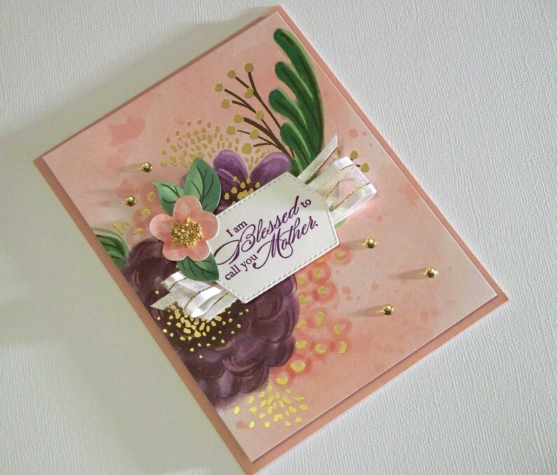 Handmade Greeting Card for Mom's Birthday or Mothers Day Features Gorgeous Posies Die-cut Flowers and Leaves Gold Foiled Details image 1