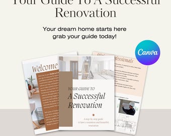 Pode incluir: Um guia para a renovação de casas com o título "Your Guide To A Successful Renovation". O guia inclui dicas para trabalhar com profissionais, planejamento e design. A capa apresenta uma foto de uma escada em construção.