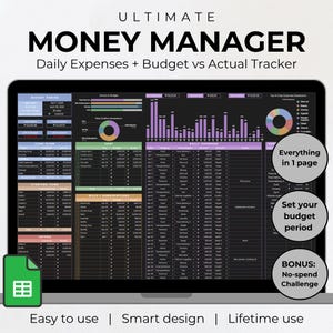 May include: A laptop screen displays a financial spreadsheet titled "ULTIMATE MONEY MANAGER." The interface includes sections for daily expenses, budget tracking, and a "No-spend Challenge" bonus. The design is labeled "Easy to use" and "Smart design."