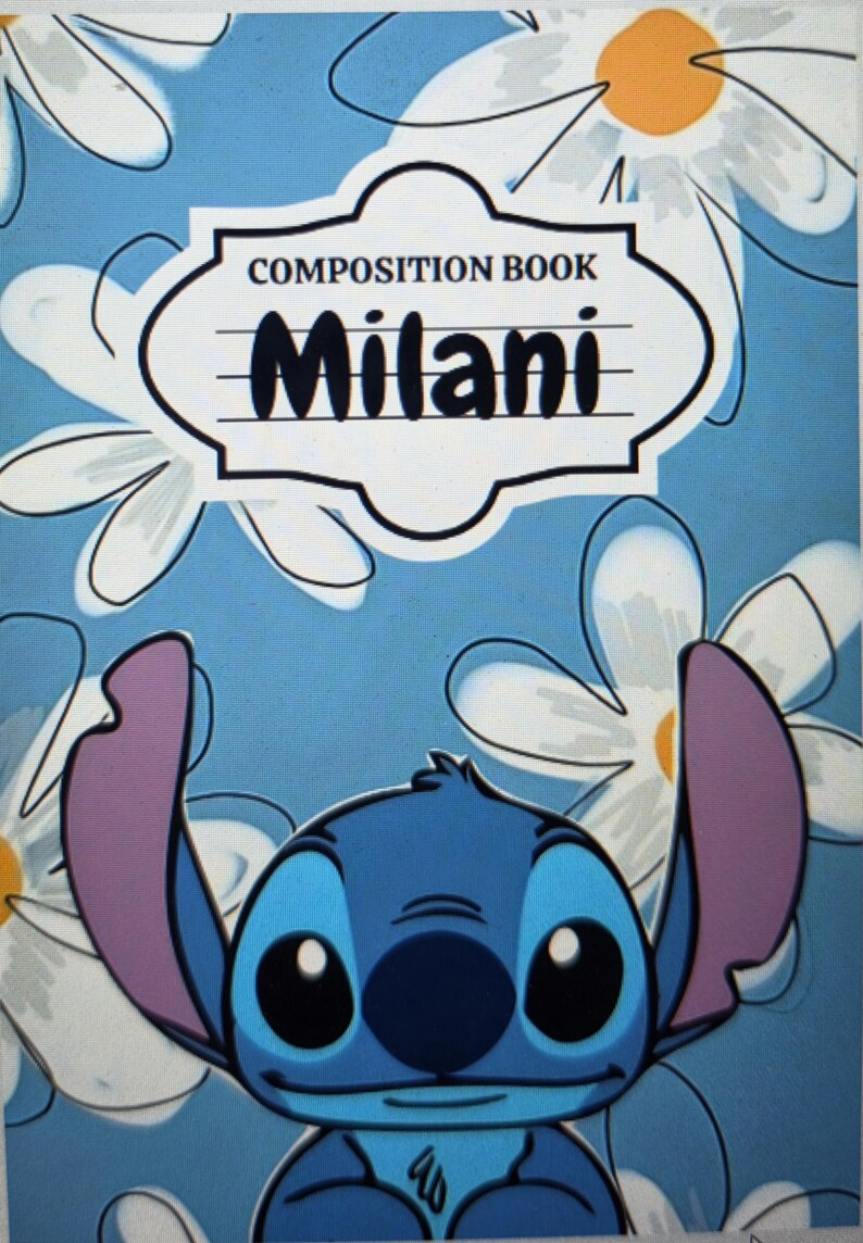 May include: A composition book with a light blue background featuring white daisy flowers. A central white label contains the text COMPOSITION BOOK and the name Milani in black. Below the label is a blue character with large ears and eyes.