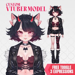 May include: A custom VTUBER MODEL featuring a character with short black hair, red eyes, and small red horns. The character wears a black leather jacket, a dark red lace-up top, black shorts, fishnet stockings, and platform boots. Text reads CUSTOM VTUBER MODEL and FREE TOOGLE 3 EXPRESSIONS.