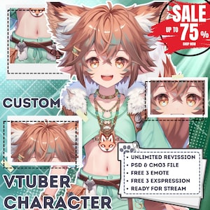 May include: A digital illustration of a fox-themed VTuber character with brown and orange fur, wearing a green outfit and accessories. The image includes text that says "CUSTOM VTUBER CHARACTER" and "SALE UP TO 75% SHOP NOW". Additional details are shown in smaller inset images.