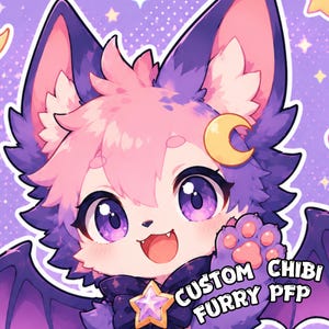 May include: A digital illustration of a chibi-style creature with pink and purple fur, large purple eyes, and bat-like wings. The character features a yellow crescent moon on its ear and a star-shaped brooch. Text reads: CUSTOM CHIBI FURRY PFP.