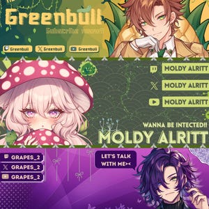 May include: A digital art banner featuring three anime-style characters and text. The top section has a green theme with the name "Greenbull" and social media icons. The middle section has a pink mushroom-themed character and the name "Moldy Alritt". The bottom section has a purple theme with the name "Grapes Grapes".